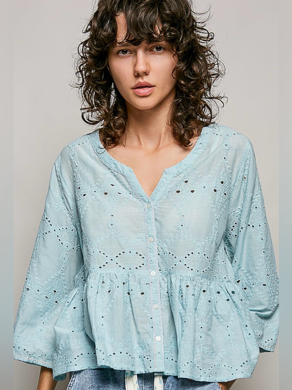 🩵 POL Gorgeous Eyelet Embroidery Peplum Button Front Cotton Shirt/Aqua